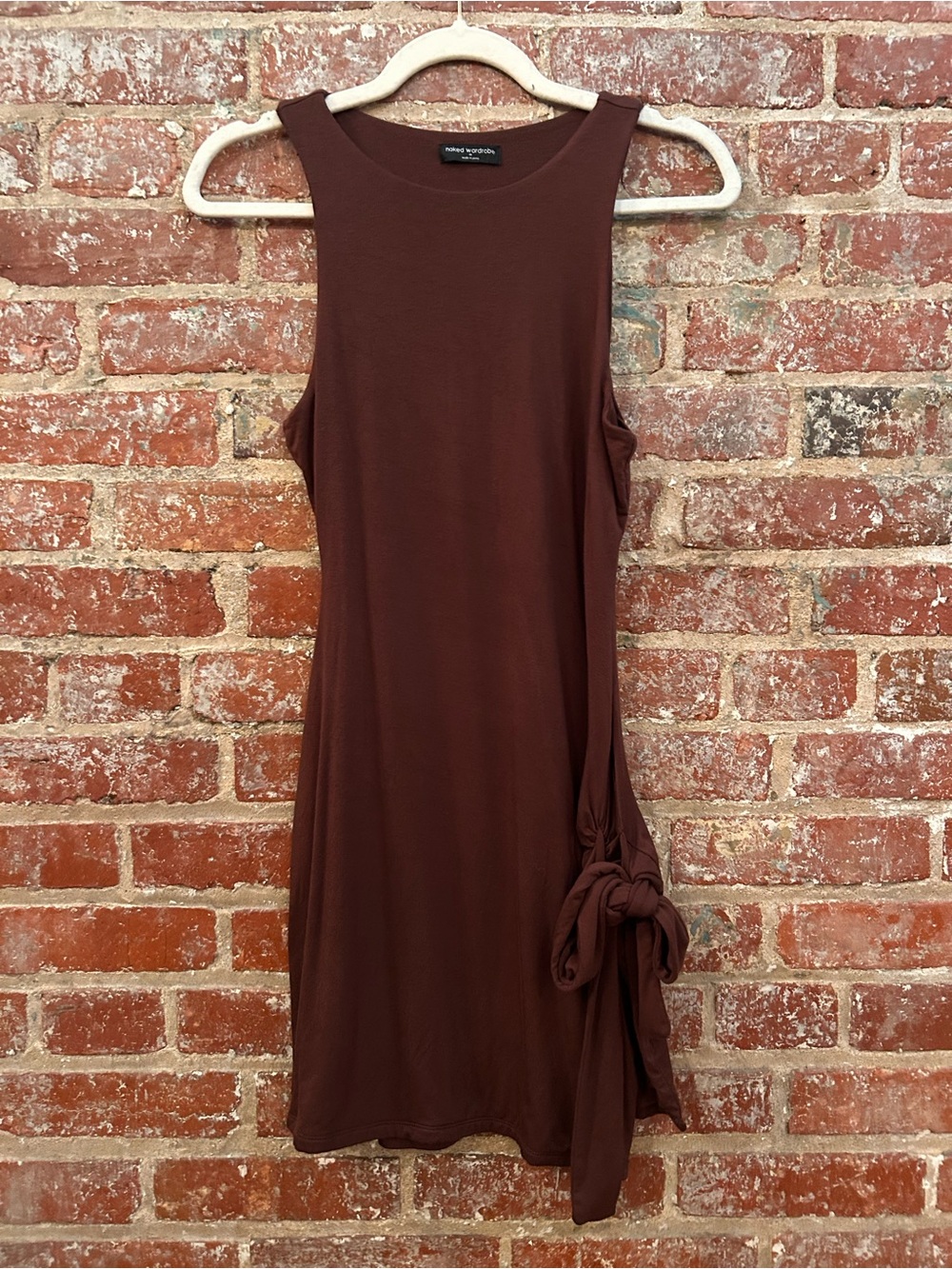 Naked Wardrobe Sleeveless Side-Tie Mini Dress in Chocolate Brown